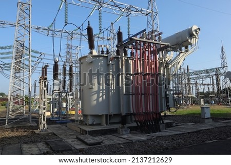 transformer at the substation of the state electricity company, Krapyak, Semarang, Central Java, Indonesia Royalty-Free Stock Photo #2137212629