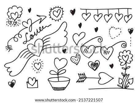 hand drawn doodles set for Valentine's Day. collection of beautiful hearts and writings Love on pink background. Vector illustration.