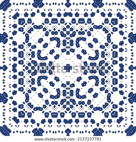 Portuguese ornamental azulejo ceramic. Minimal design. Vector seamless pattern texture. Blue vintage backdrop for wallpaper, web background, towels, print, surface texture, pillows.