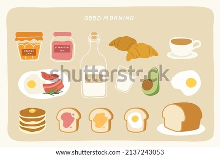 Set of cute and cozy breakfast objects with "Good morning" message. Coffee, bread, jam, milk, croissant, pancake, avocado, fried egg and breakfast isolated on beige background for decoration.