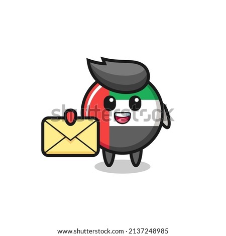 cartoon illustration of uae flag badge holding a yellow letter , cute style design for t shirt, sticker, logo element