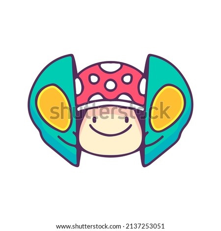 Two half of alien head with amanita mushroom inside, illustration for t-shirt, street wear, sticker, or apparel merchandise. With doodle, retro, and cartoon style.