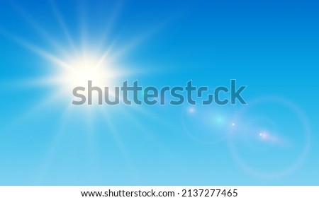 Sun with lens flare and blue sky, vector sunny natural background.