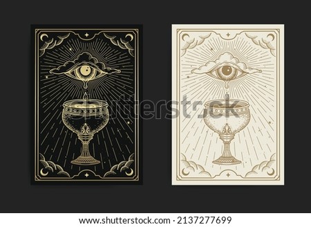 Holy grail or cup with tears from eye in engraving, hand drawn, luxury, esoteric, boho style, fit for spiritualist, religious, paranormal, tarot reader, astrologer or tattoo Royalty-Free Stock Photo #2137277699