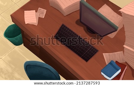 Office space viewed from above with a wooden desk, office chair, computer, books, notebooks, stacks of documents and trash can, top view, art, cartoon, illustration background