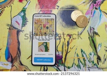 The concept of creating a digital art collection from a real painting divided into 100 pieces . Create of a collectibles Non Fungible Tokens for sale on the NFT marketplace Royalty-Free Stock Photo #2137296321