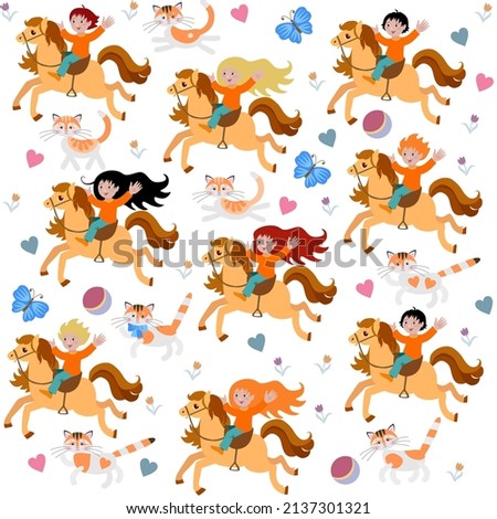 Wonderful seamless pattern for baby bedding with boys and girls riding small horses, cute cartoon cats, balls, hearts, flowers isolated on a white background. Vector illustration. Print for fabric.