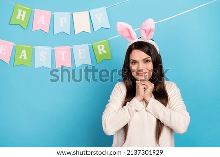 Photo of young lovely lady hands touch chin dream party spring accessories isolated over blue color background