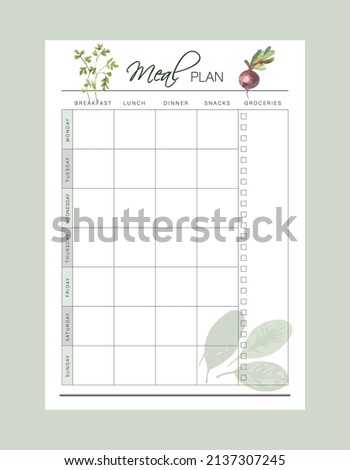(Ver) Meal Plan printable template Vector. Meal planning and groceries list. Easily plan out of your weekly meals for breakfast, lunch, dinner and snacks.