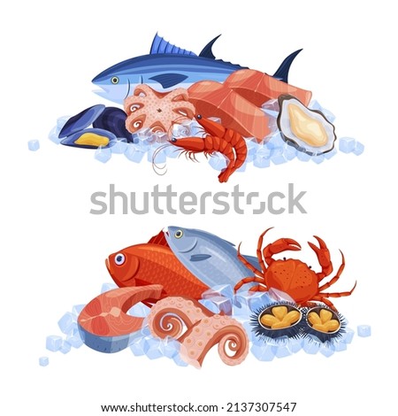 Seafood set with fish, octopus, shrimp, sea urchin, crab, tentacles, salmon, oyster, mussel vector flat illustration. Collection restaurant menu delicious food in ice cubes. Luxury gourmet delicious
