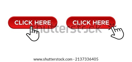 Click here vector red button. Finger cursor clicking button for app and web design Royalty-Free Stock Photo #2137336405