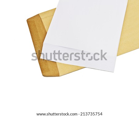 White paper in a brown envelope, isolated on white background.