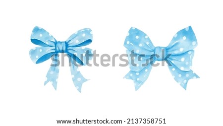 Blue gift bow in watercolor style isolated on white background. Hand drawing decorative bow elements vector illustration