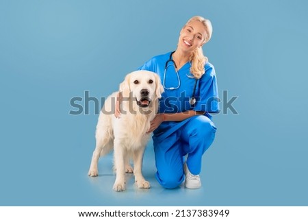 Veterinary Clinic Advertisement Concept. Happy Female Nurse In Scrubs Uniform And Stethoscope Posing With Dog, Embracing Labrador Sitting On Floor Looking At Camera Isolated Blue Studio Background