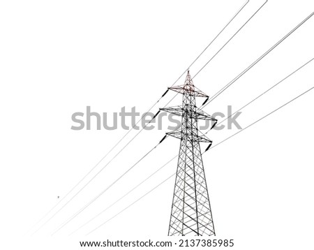 high voltage towers pylon on isolated white background Royalty-Free Stock Photo #2137385985