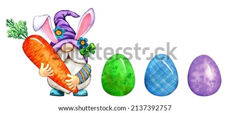 Watercolor happy easter cute cartoon gnome and eggs illustration. Colorful Easter eggs hunting season, easter greeting card, postcard, design