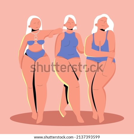 Body positive vector illustration. Plus size woman dressed in swimsuits. Happy overweight girl in flat cartoon style. Hand drawn activists slogan My Body My Choice. Woman quotes.