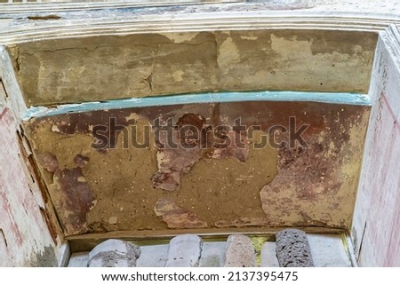 painting of the walls of an abandoned Orthodox church, Arseniev Sloboda tract, Kostroma region, Russia, year of construction 1809, year of photo 2021