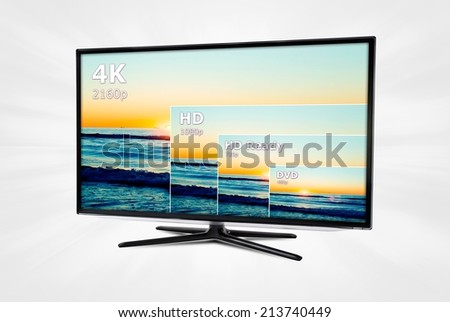 4K television display with comparison of resolutions.  Royalty-Free Stock Photo #213740449