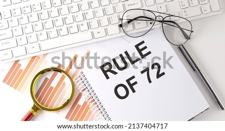 Office desk table with keyboard, notepad and calculator. Top view , RULE OF 72 Royalty-Free Stock Photo #2137404717