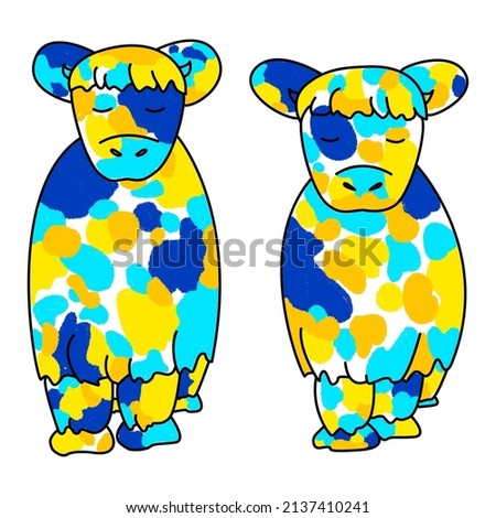 Highland cattle vector illustration in blue and yellow colours Ukrainian national colours  