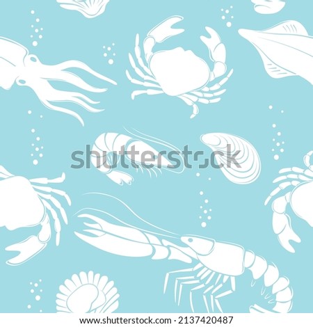 Seafood seamless pattern outline sketch drawing Prawns crab lobster shellfish shrimps