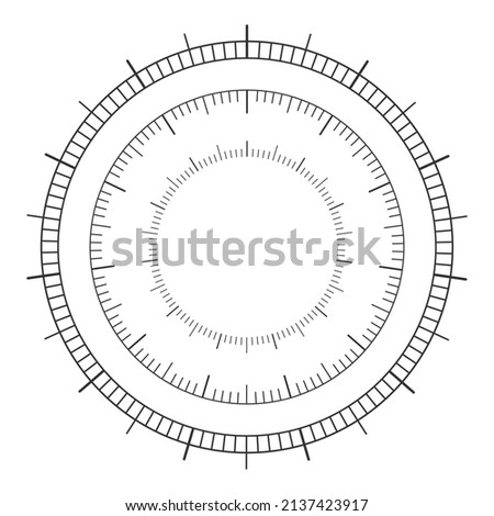 Set of circular 360 degree scale. Barometer, compass, thermometer measuring tool template isolated on white background. Vector graphic illustration.