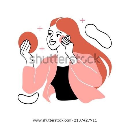 Cleansing and moisturizing face. Girl with help of makeup sponge preens her face. Woman going, character in front of mirror, beauty. Poster or banner for website. Cartoon flat vector illustration