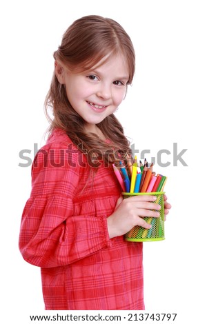 cute kid with colorful pencils on Education theme/Pretty smiley caucasian little girl holding colorful pencils on white background