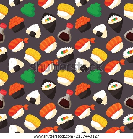 sushi seamless pattern. japanese food on black background. vector illustration.