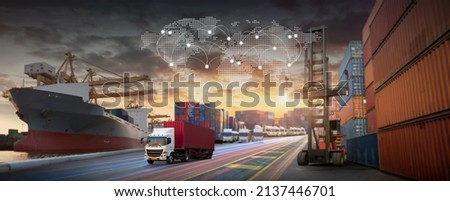 World map with logistic network distribution on background, Logistic and transport concept in front Industrial Container Cargo freight ship for Concept of fast or instant shipping, Online go