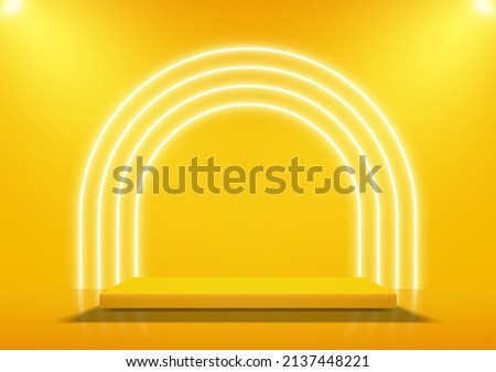 Empty square pedestal for product displays with neon arch lighting on yellow background. Vector illustration. Royalty-Free Stock Photo #2137448221