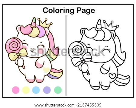Coloring book pages Cute unicorn cartoon and sweet candy girl kawaii vector animal horn horse fairytale illustration: Series Worksheet Pony child girly doodle. Illustration. Kid activity.