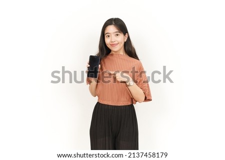 Showing and Presenting Apps On Blank Screen Of Beautiful Asian Woman Isolated On White Background