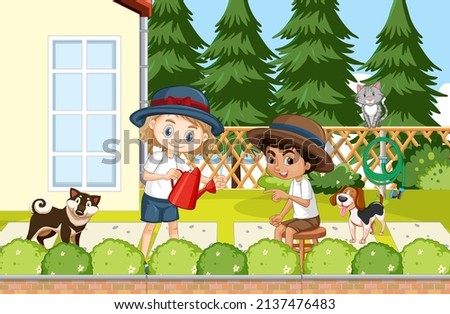 Scene of backyard with kids and fence illustration