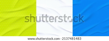 Textures of sports jersey, athletic shirt material. Vector realistic set of seamless patterns of modern mesh textile for sport wear. Abstract background with cloth surface with wrinkles Royalty-Free Stock Photo #2137481483
