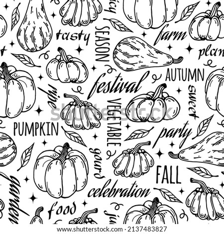 Ripe pumpkins, autumn leaves, seamless vector pattern with text. Hand drawn doodle on white background. Outline garden vegetables, food sketch. Backdrop for Thanksgiving, Halloween