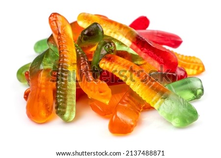 Heap juicy colorful jelly worms sweets. Gummy candies. Snakes. On white.