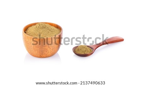 Houjicha Hojicha tea powder (Roasted green tea powder) in wooden bowl isolated on white background
