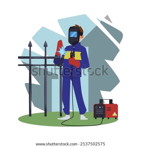 Welder in protective wear at decorative backdrop, flat vector illustration isolated on white background. Metal facilities and pipelines repair and welding.