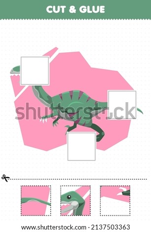 Education game for children cut and glue cut parts of cute cartoon prehistoric dinosaur velociraptor and glue them printable worksheet