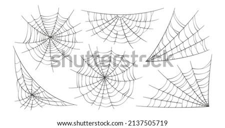 Scary spider webs. Black cobweb silhouette isolated on white background. Set of doodle spidewebs. Hand drawn cob webs for Halloween party. Vector illustration. Royalty-Free Stock Photo #2137505719