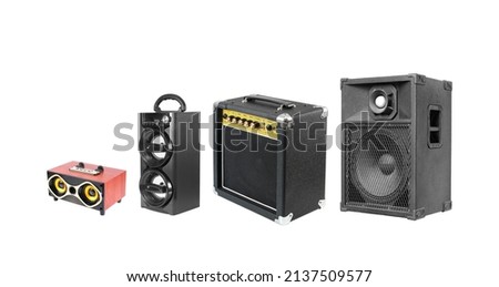 Speaker and mobile speaker system and amplifier many style isolated on white with clipping path Royalty-Free Stock Photo #2137509577