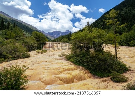 Clear blue sky, copy space for text, landscape size picture, trees on the yellow badlands of Huanglong Scenic Area, Sichuan, China 