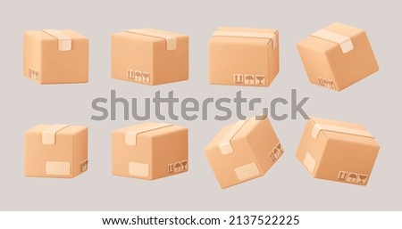 3D cardboard closed box icon set with symbols isolated on gray background. Render delivery cargo box with fragile care sign symbol, handling with care, protection from water rain. 3d realistic vector Royalty-Free Stock Photo #2137522225