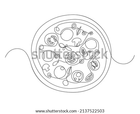Continuous thin line pizza. One line art pepperoni pizza vector illustration, minimalist sketch, icon, single outline drawing