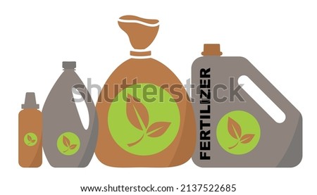 Fertilize bags and bottles icon. Compost symbol, fertilize sign with plant silhouette, dirt bags pictograms, garden soil concept Royalty-Free Stock Photo #2137522685