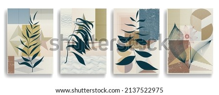 Modern wallpaper with minimalist design elements . Botanical art. Backgrounds in Boho style  . Wall art , home deco . Contemporary posters with leaves and geometric shapes .Vector abstract wallpaper.