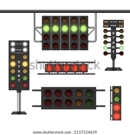 Collection realistic traffic lights for racing vector illustration. Set race street light sport car challenge sign start, pre stage, green, yellow and red stop indicator. Illuminated signal guidance Royalty-Free Stock Photo #2137524629