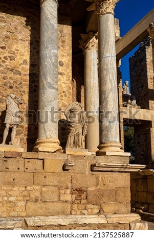 Roman Amphitheatre in Merida, Augusta Emerita in Extremadura, Spain. Roman City - Temples, Theatres, Monuments, Sculptures and Arenas Royalty-Free Stock Photo #2137525887